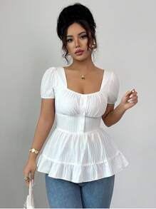 Chiquease Women Square Collar Ruffle Hem Backless Tied Waist Short Sleeve Blouse - White - View 5