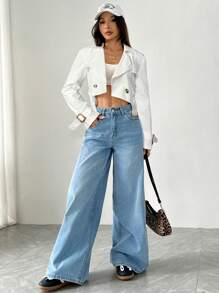 SHEIN EZwear 女式白色缺口领前扣长袖短款风衣（秋冬款） - 白色 - 查看 5