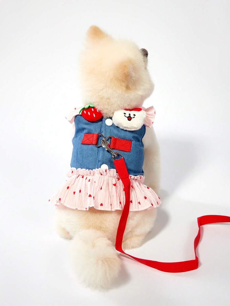 PETSIN 春夏甜美可爱草莓3D图案蝴蝶结熊设计波尔卡圆点网眼透气宠物连衣裙，轻盈，适合外出和牵引，猫裙 - 彩色 - 查看 1