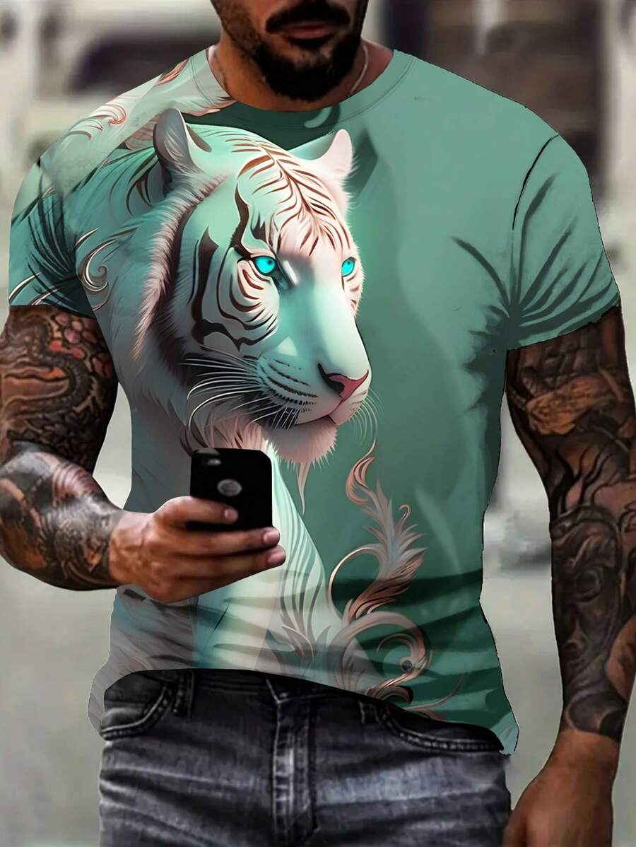 Manfinity LEGND Men's Tiger Print Short Sleeve T-Shirt, White Tiger Graphic Tee, 3d Animal Print T-Shirt, Men Graphic Tees - Multicolor - View 1