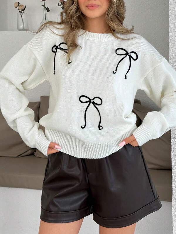 SHEIN PETITE Bow Detailed Round Neck Drop Shoulder Sweater,Jumper,Cream Jumper,Jumpers For Women,Jumpers,Black Jumper,Womens Jumper,White Jumper,Women's Jumper,Women's Jumpers,Winter Clothes