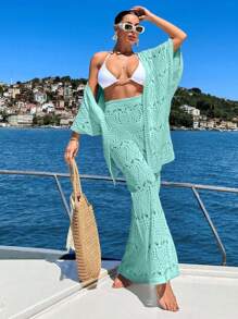 EURMUSE Bộ đồ kimono và quần dài tay ba phần tư đan móc cho nữ, dành cho kỳ nghỉ hè ở bãi biển - Màu xanh Bạc hà - Xem 3