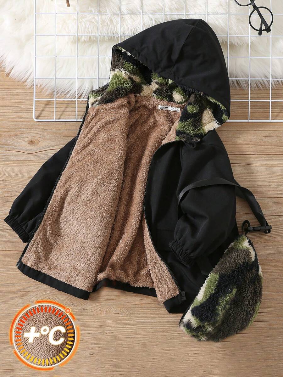 2pcs/Set Young Boys' Casual Cute Daily Warm Black Hoodie Jacket & Camouflage Fuzzy Crossbody Bag, Suitable For School, Hangouts, Fall/Winter