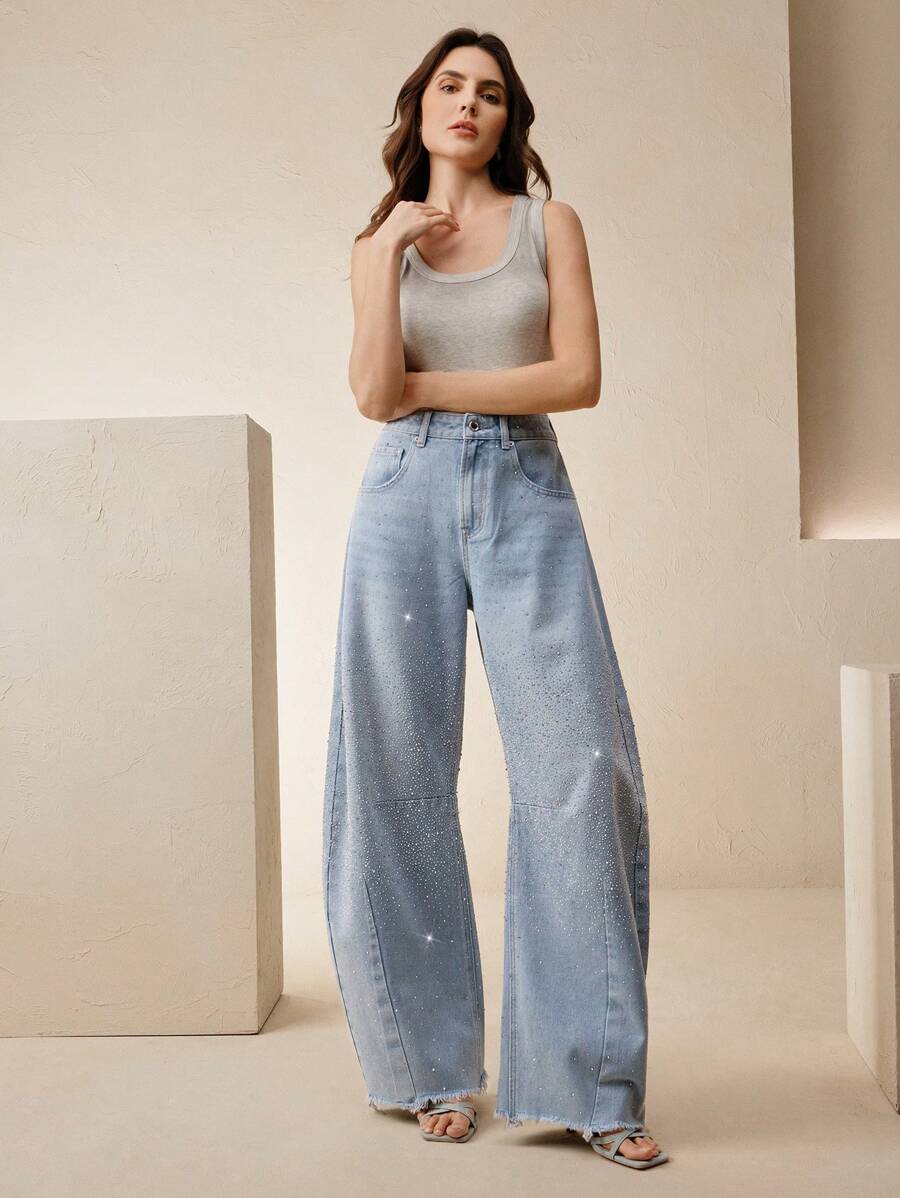 Anewsta Women's Casual Long Denim Jeans With Rhinestone Detail And Wide Leg Fit - Blue - View 1