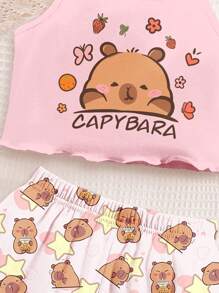 Set di canottiera aderente e pantaloncini casual minimalisti per ragazze dai 10 ai 20 anni, con motivo carino di capibara, rosa crema, adatto per l'estate