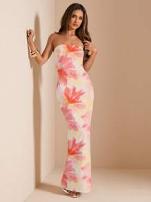 SHEIN BAE 抹胸款式修身基本款连衣裙/奶油黄色/奶油黄色碎花连衣裙/夏日海滩度假/海岛度假连衣裙/生日派对连衣裙 - 彩色 - 查看 5