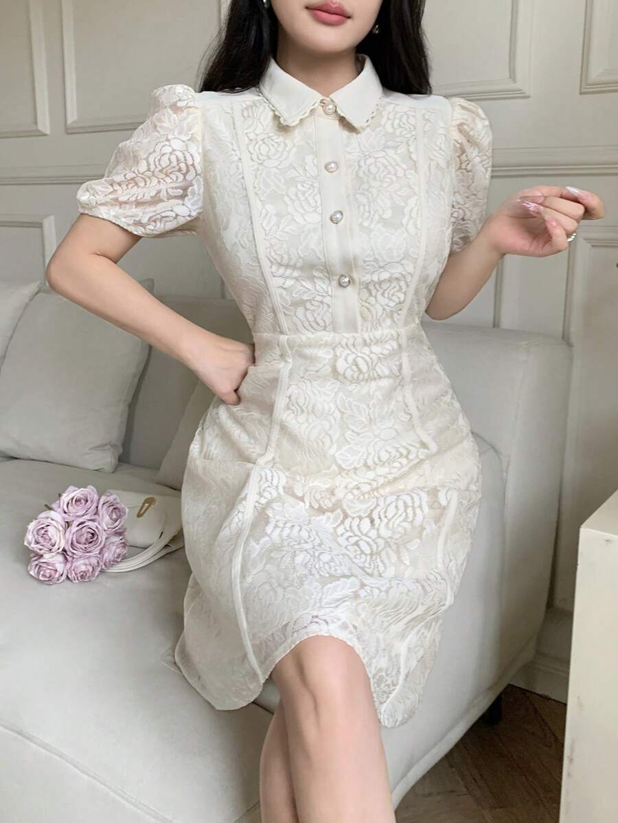 Modelyn Damen Einfarbiges Kleid mit Rüschenärmeln und Taillenraffung, elegantes Sommerkleid