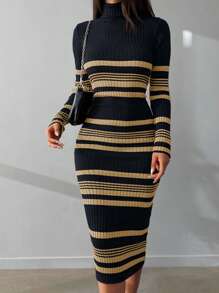 EURMUSE Striped Pattern Turtleneck Sweater Dress - Multicolor - View 6