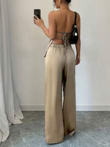 INAWLY Set de 2 piezas de top de tirantes y pantalones de unicolor casual para mujer, simple y de moda para uso diario
