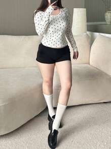 Dazy Plus Áo thun cổ tròn chấm bi tay dài ôm sát co giãn cỡ lớn - Màu be - Xem 4