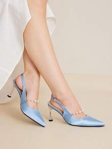 MOTF 女士人造珍珠装饰高跟鞋，优雅尖头细高跟鞋 - 淺藍色 - 查看 2