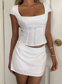 SHEIN EZwear Women's Solid Color Square Neck Cap Sleeve Top And Mini Skirt 2pcs Set, Fashionable For Summer - White - View 7