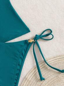 Swim Chiccia Ladies Beach Summer Music Festival Spaghetti Strap Metal Jewelry Knotted Thong Mature Vacation Style Tankini Set - Green - View 5