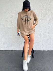 Cottnline Cotton Letter Graphic Pocket Drop Shoulder Drawstring Hooded Dress - Apricot - View 4