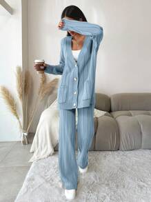 EURMUSE Ladies' Solid Color Button Front Cardigan And Wide Leg Pants Knitwear Set - Dusty Blue - View 6