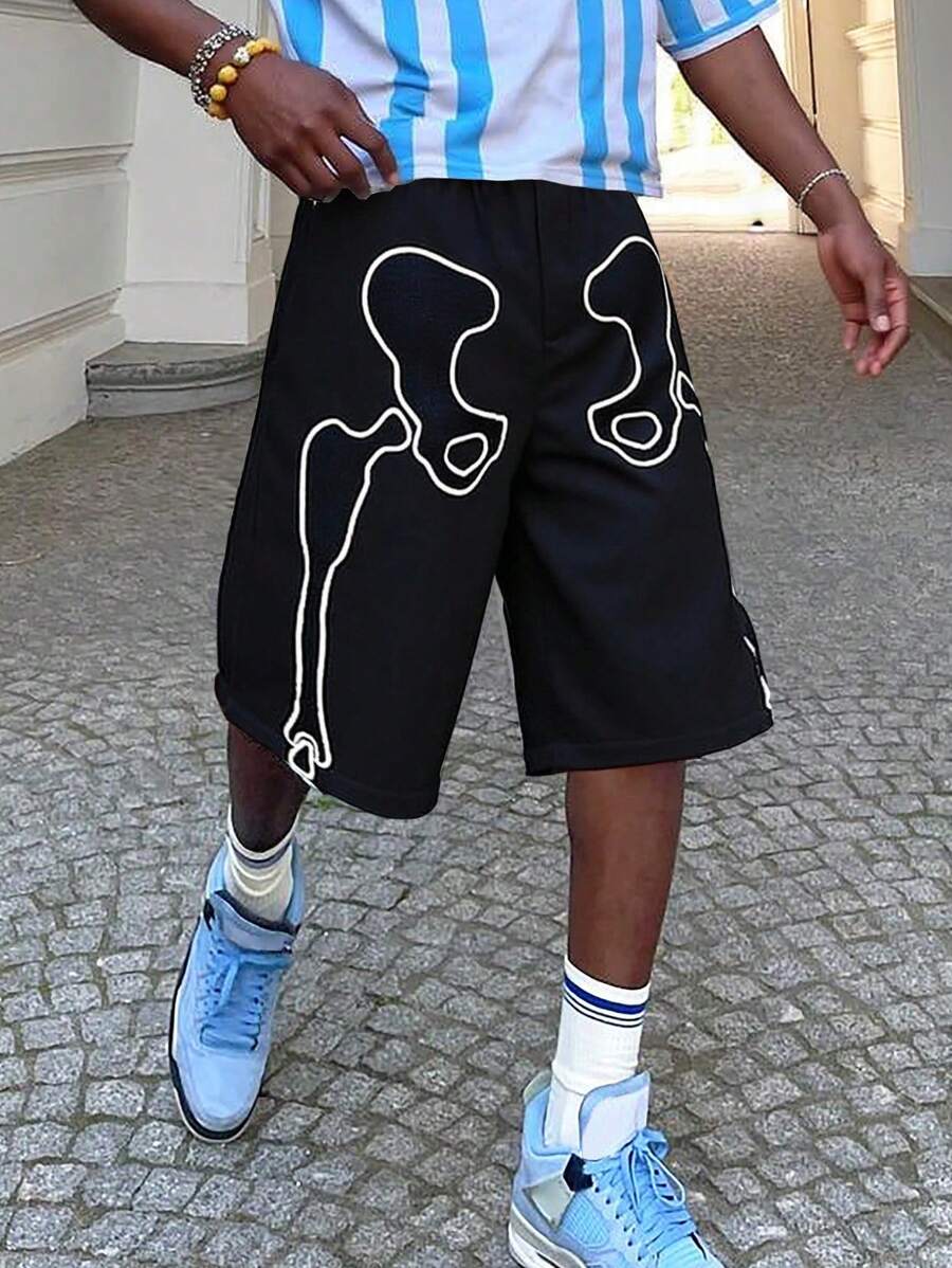 Manfinity EMRG Herren Muster Diagonale Schulter Lässig Shorts, minimalistisches Design für täglichen Männer Grafik Shorts - Schwarz - Übersicht 1