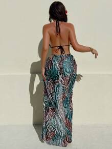 Bonvoyette 3pcs/Set New Random Leopard Print & Solid Color Halter Sexy Elegant Swimsuit & Long Mesh Beach Dress Swimwear For Women For Summer Beach Vacation - Multicolor - View 2