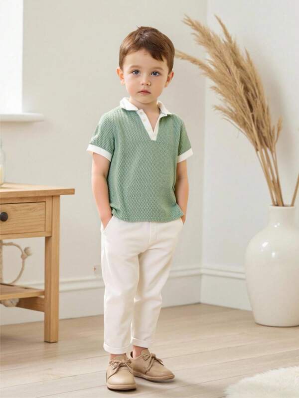 2pcs Set Young Boys Mint Green Textured Soft Fabric High Stretch Contrast Polo Collar Pullover Top And White Casual Pants, Versatile For School, Travel, Vacation, All-Match Matching