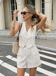 Serisse Women's Striped Single-Breasted Vest And Shorts Suit Set,Women Casual Sleeveless Short Waistcoat And Shorts Suit Set,Spring/Summer, Suitable For Daily Wear, Simple Fashion Casual Everyday Cami Tank Top And Utility Pocket Shorts Suit Set,Crepe De Chine Textured Micro Stretch Fabric,Elegant And Fashionable For Commuting,French Holiday Outfits