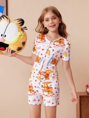 GARFIELD X SHEIN Tween Girls Cute Cartoon Bear & Heart Pattern Round Neck Cardigan High Elasticity Rib-Knit Romper Pajamas, Summer