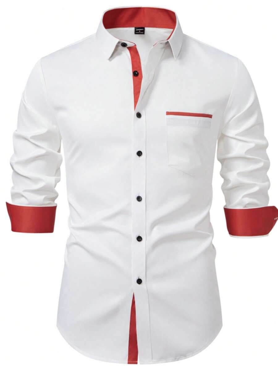 Calvornis Chemise décontractée de navette à blocs de couleurs et patchwork pour hommes. Chemise habillée pour hommes en rouge et blanc. Chemise habillée avec bordure rouge, pour l'automne - Blanc - Voir 1
