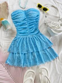 Soleia Damen romantisches Spitzen-Trägerkleid mit Rüschen, kurzes Kleid in Blau für Strand, Sommer und Urlaub