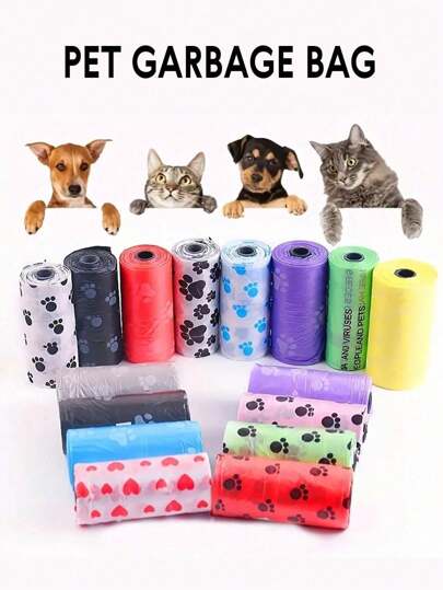 SHEIN 1 Roll, 15 Pieces/6 Rolls, 90 Pieces/8 Rolls, 120 Pieces/10 Rolls, 150 Pieces/20 Rolls, 300 Pieces/30 Rolls, 450 Pet Garbage Bags, Dog Garbage Bags, Randomly Colored Leak Proof And Convenient Outdoor Dog Garbage Collection Bags, Easy To Clean Pet Litter Bags, Printed Garbage Bags
