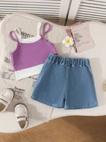 SHEIN 年轻女孩夏季字母亮片二合一背心和短裤休闲套装 - 紫色 - 查看 2