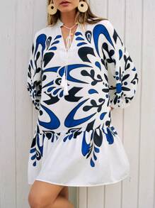 Maija Women's White And Black,Autumn,Boho,Vacation,Holiday Lace Patchwork Blue & White Contrast Color Loose Mandarin Collar 3/4 Sleeve Tassel Hem Dress - Multicolor - View 3