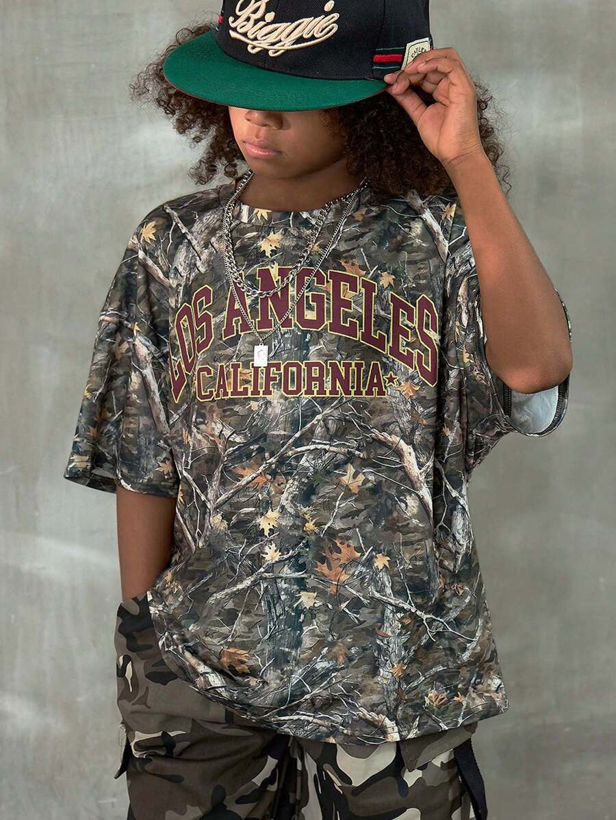 Coolane Kids Tween Boys Spring/Summer Streetwear Graphics Camo Loose Tees - Black - View 1