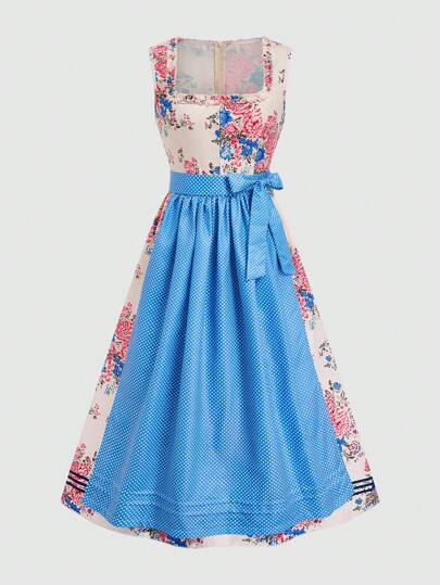 Fairmaia فستان ديرندل تقليدي ألماني للنساء بطبعات نقاط وزهور، ياقة مربعة، للاحتفال بأوكتوبرفست، فستان تقليدي ألماني عتيق بدون أكمام، فستان ديرندل تقليدي بياقة مربعة وطبعات زهور وقبعة، للاحتفال بشهر أكتوبر وعيد الهالوين