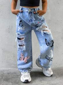 SHEIN Explorewe Nuovi jeans dritti in denim strappati e lavati di colore azzurro chiaro, stile casual, misura piccola per ragazze