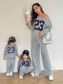 SHEIN Mommy And Me Matching Outfits(2 Sets  Are Sold Separately)Baby Girl Mommy&Me Number Printed Asymmetric Collar Long Sleeve Top & Pants Casual 2-Piece Set,Skin-Friendly And Soft Fabric To Protect Baby's Skin, Can Be Worn Indoors Or Outdoors, First Choice For Mothers Fall Winter - Grey - View 2