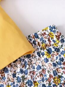 2pcs/Set Baby Girls Casual Outfit - Sleeveless Bow Decor Top + Floral Print Skirt - Yellow - View 4