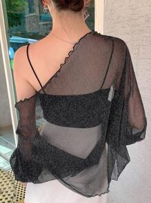 DAZY Solid Flounce Sleeve Top,Ruffle Sheer,Back To School Clothes - Black - View 2