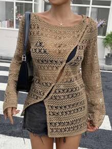 Livesso Women's Hollow Out Long Sleeve Round Neck Cover-Up, Summer Vacation - Khaki - View 4