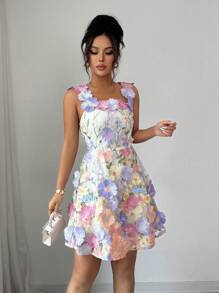 Franclia 女式海滩度假无袖束腰刺绣3D花卉迷你连衣裙 - 彩色 - 查看 4