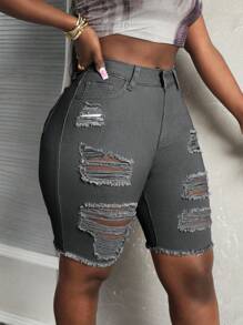 Slaydiva Quần short denim túi rách thường ngày cho nữ - Màu xám đen - Xem 8