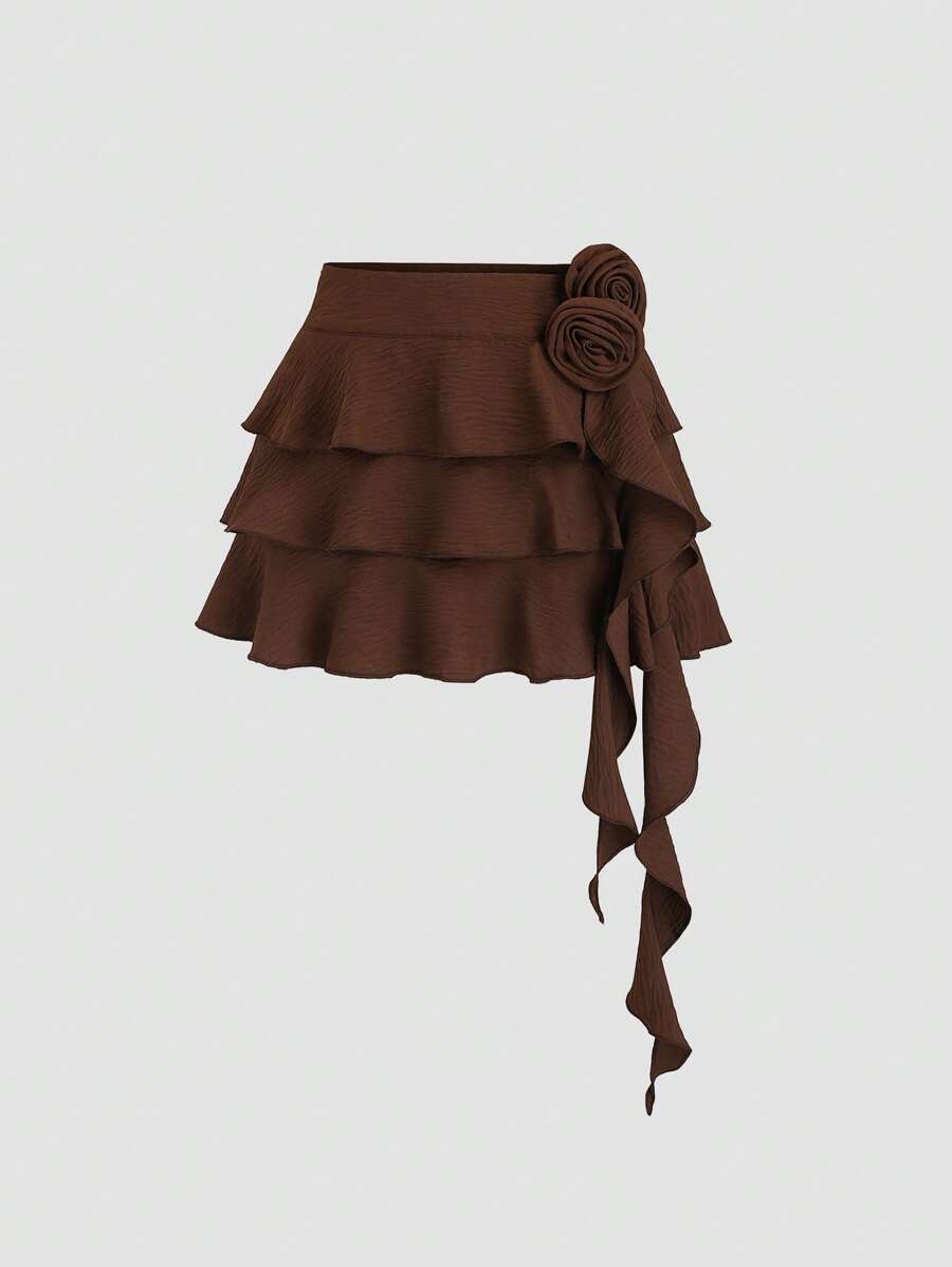 Sweetra 女士 3D 玫瑰荷叶边下摆不对称中长裙