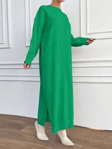EURMUSE Women Solid Color Round Neck Long Sleeve Simple Long Casual Sweater Dress - Green - View 5