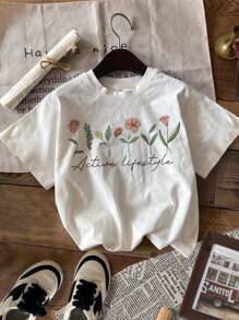 4pcs Casual Minimalist Floral Round Neck Short Sleeve Basic T-Shirts, Suitable For Spring/Summer, Daisy Girl, Pastel Floral Nature Sets, Garden Lover Gift, Young Girl, School, Campus, College