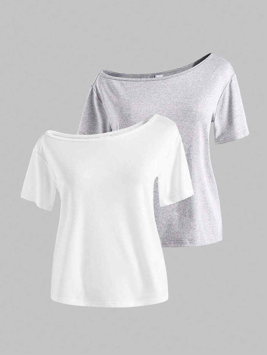 Camiseta de manga corta casual y holgada con cuello asimétrico de un solo color para niñas preadolescentes, verano - Multicolor - Ver 1