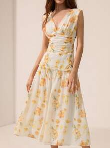 Aveloria Rosie 浪漫优雅法式白紫色花卉印花雪纺多层深V领收腰荷叶边下摆无袖长裙女