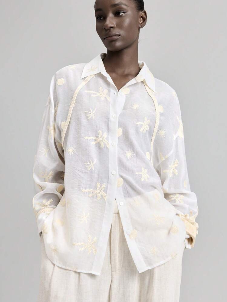 Elegant Style Embroidery Fabric White Embroidery Fabric Tape Attached Turndown Collar Long Sleeve Women's Shirt, Loose Fit Casual Summer Clothing Embroidered Shirt Oversized Shirt Baggy Shirt White Shirt Beach Shirt