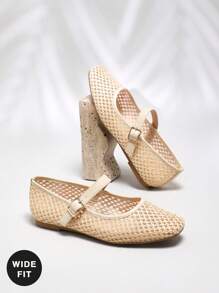 SHUZIA 女式宽版方头编织玛丽珍扣带芭蕾平底鞋 - 米色 - 查看 2