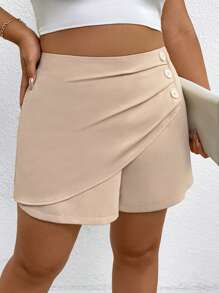 SHEIN Clasi Große Größen Shorts mit hoher Taille, Kreuzriemen, Falten und Knopfdetails, geeignet für Pendler, Lässig und Alltagstragen - Aprikosenfarben - Übersicht 1