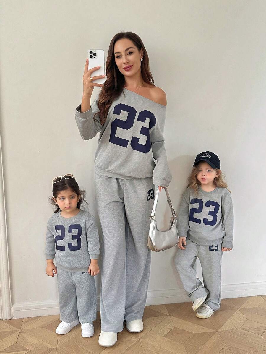 SHEIN Mommy And Me Matching Outfits(2 Sets  Are Sold Separately)Baby Girl Mommy&Me Number Printed Asymmetric Collar Long Sleeve Top & Pants Casual 2-Piece Set,Skin-Friendly And Soft Fabric To Protect Baby's Skin, Can Be Worn Indoors Or Outdoors, First Choice For Mothers Fall Winter - Grey - View 1
