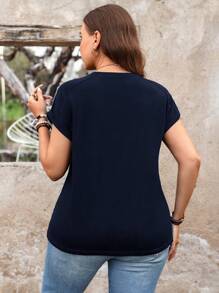 SHEIN LUNE 大码纯色插肩袖T恤，夏季休闲装 - 藏蓝色 - 查看 2