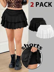 SHEIN EZwear 2 件套大码休闲迷你裙，春夏，俱乐部，机场，教师，度假，海滩女士短裙荷叶边裙迷你裙分层荷叶边裙 - 黑與白 - 查看 1