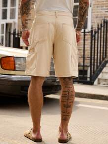 Manfinity Homme 男士纯色简约休闲牛仔短裤 - 卡其色 - 查看 2